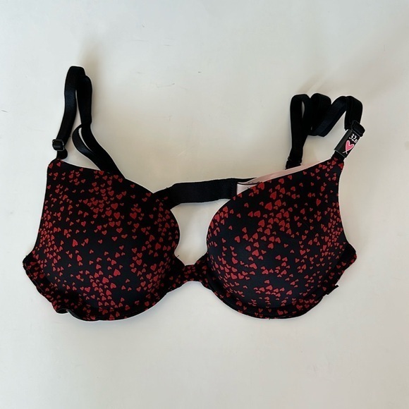 NWT Victoria’s Secret red hearts on black push-up bra Sz 32 B - Picture 1 of 5